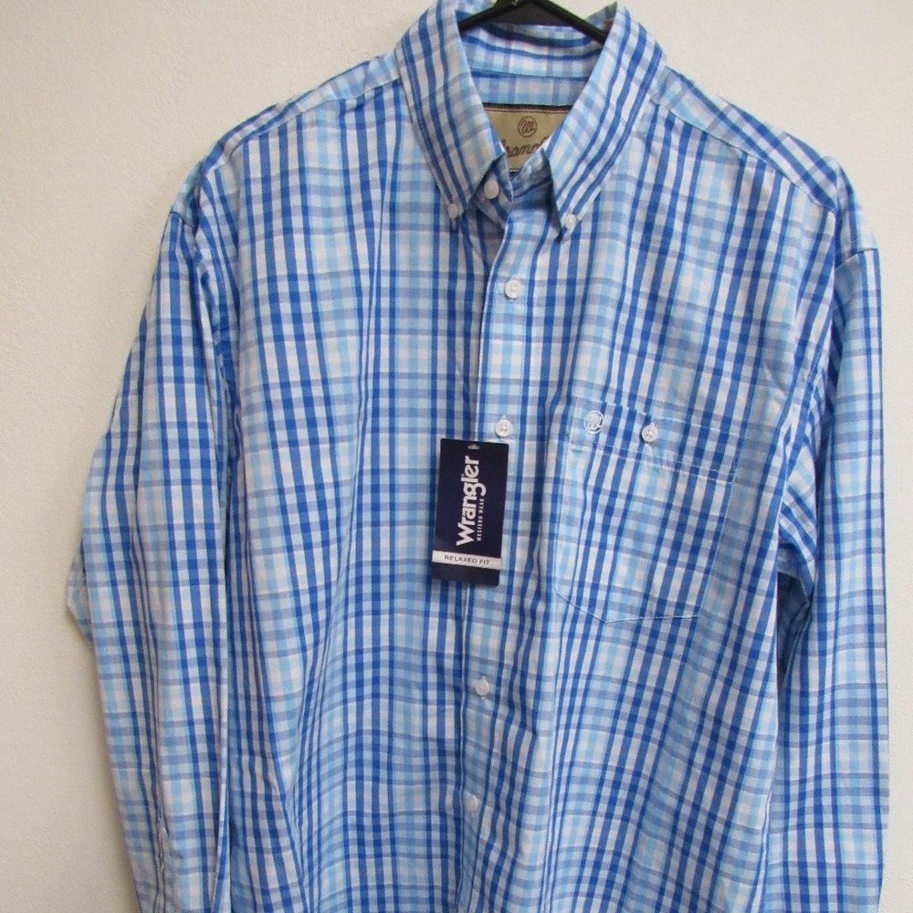 NWT Wrangler Classic Relaxed Fit Blue Plaid Long Sleeve Western Shirt Medium